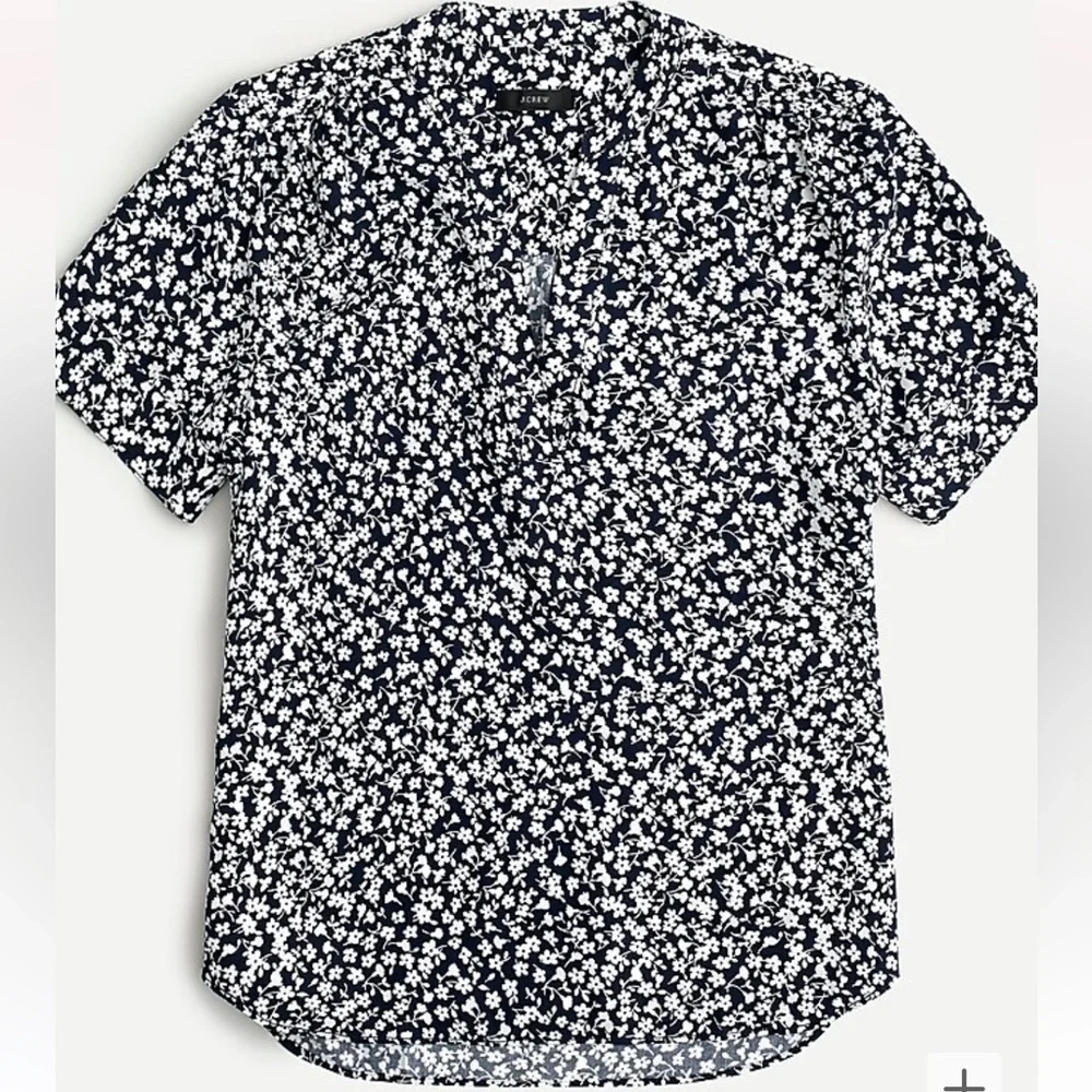 J.Crew Womens Navy White Floral Pullover Tunic Top Blouse Short Sleeve XS AO547‎
